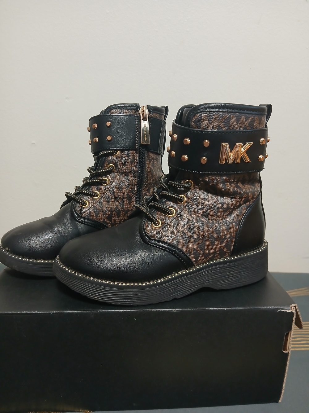 Michael Kors Girls' Black and Brown Logo Combat Boots